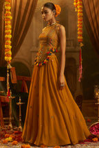 Mustard Georgette Mirror Embroidered Halter Neck Co-Ord Set with Shells