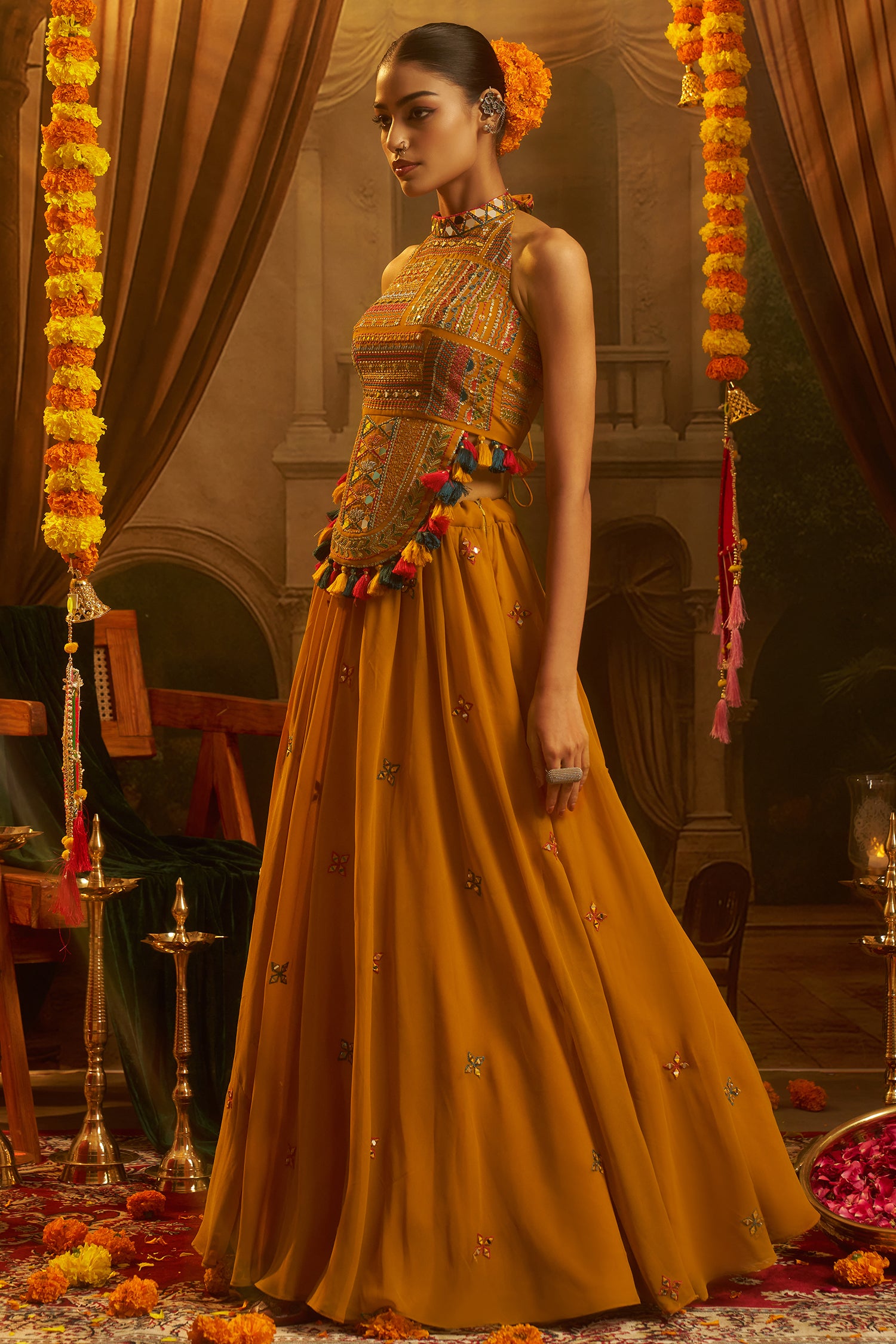 Mustard Georgette Mirror Embroidered Halter Neck Co-Ord Set with Shells