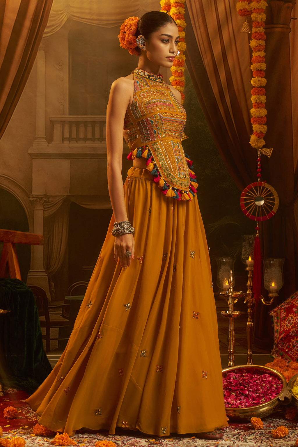 Mustard Georgette Mirror Embroidered Halter Neck Co-Ord Set with Shells