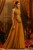Mustard Georgette Mirror Embroidered Halter Neck Co-Ord Set with Shells