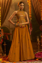 Mustard Georgette Mirror Embroidered Halter Neck Co-Ord Set with Shells