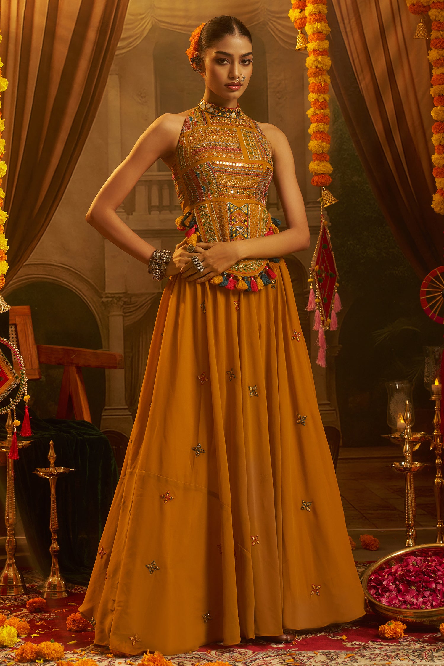 Mustard Georgette Mirror Embroidered Halter Neck Co-Ord Set with Shells