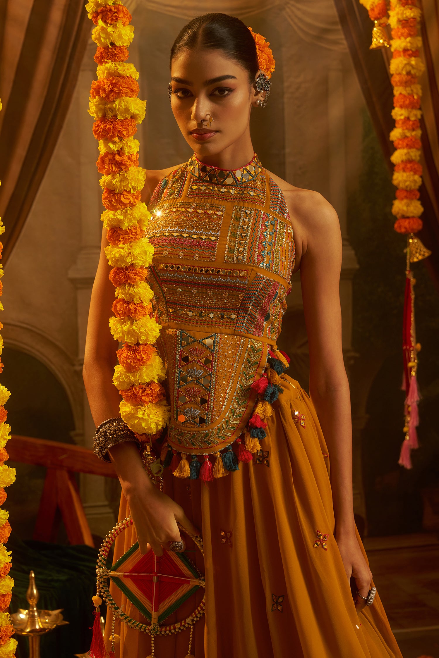 Mustard Georgette Mirror Embroidered Halter Neck Co-Ord Set with Shells