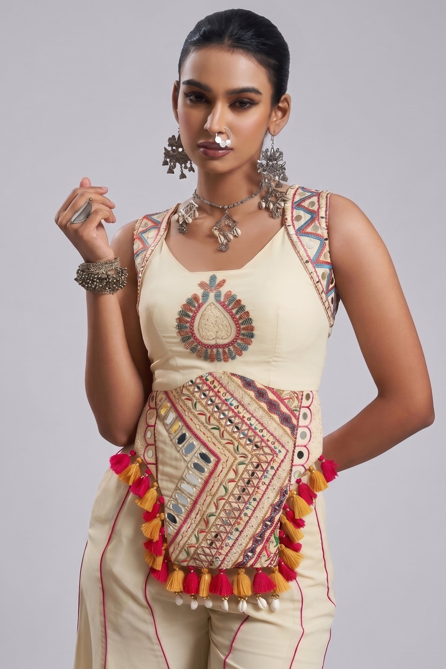Cream Embroidery Mirror Worked Co-Ord Set with Mirror Work Secondary image