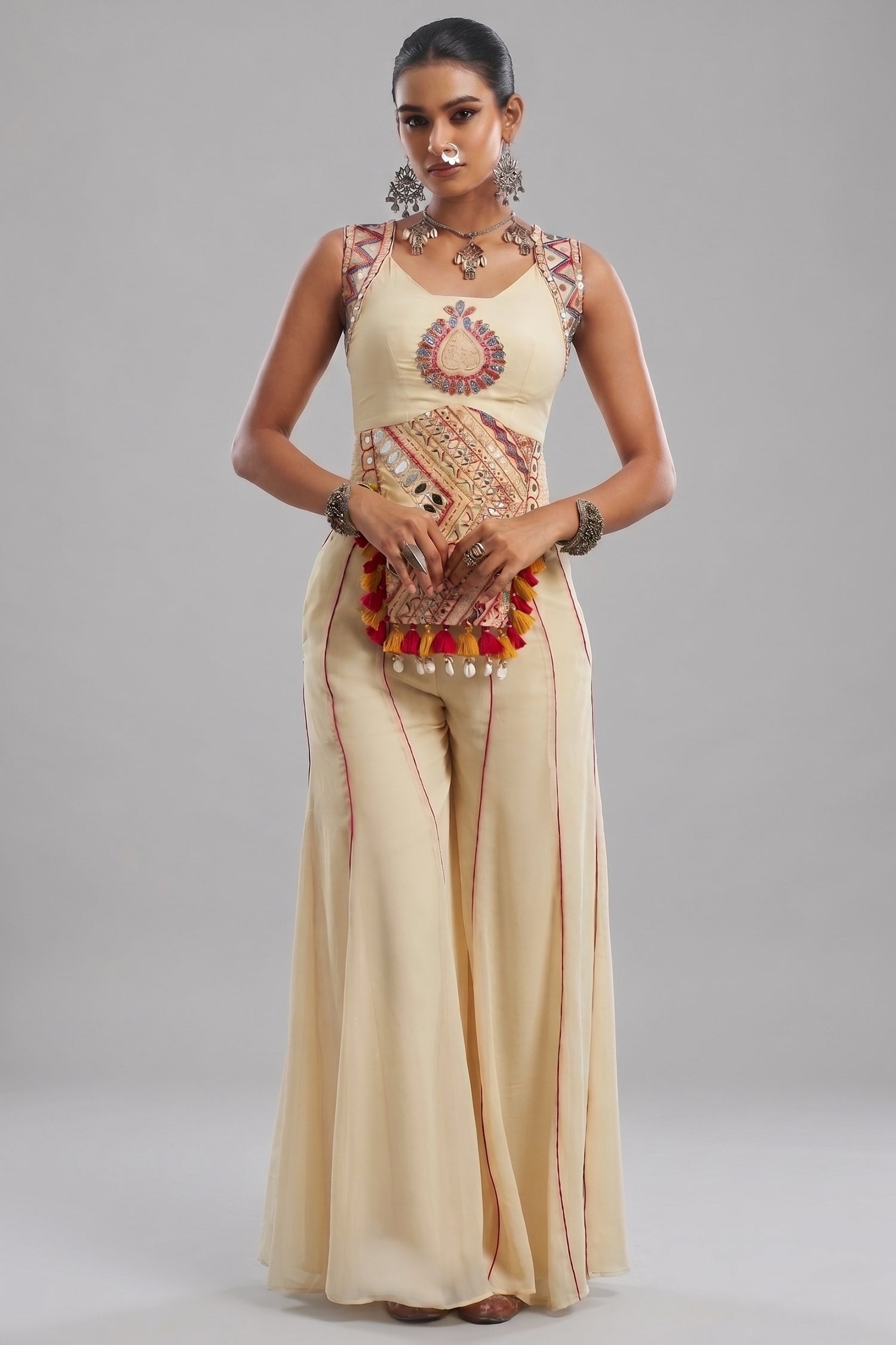 Cream Embroidery Mirror Worked Co-Ord Set with Mirror Work Main image
