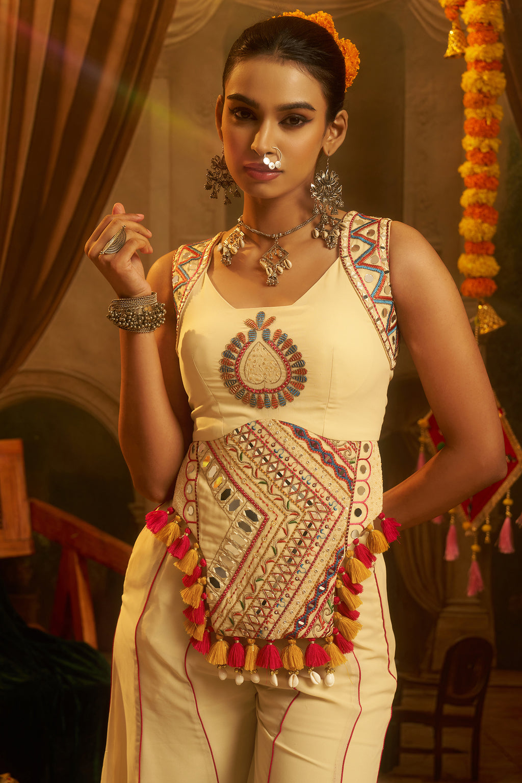 Cream Embroidery Mirror Worked Co-Ord Set with Mirror Work