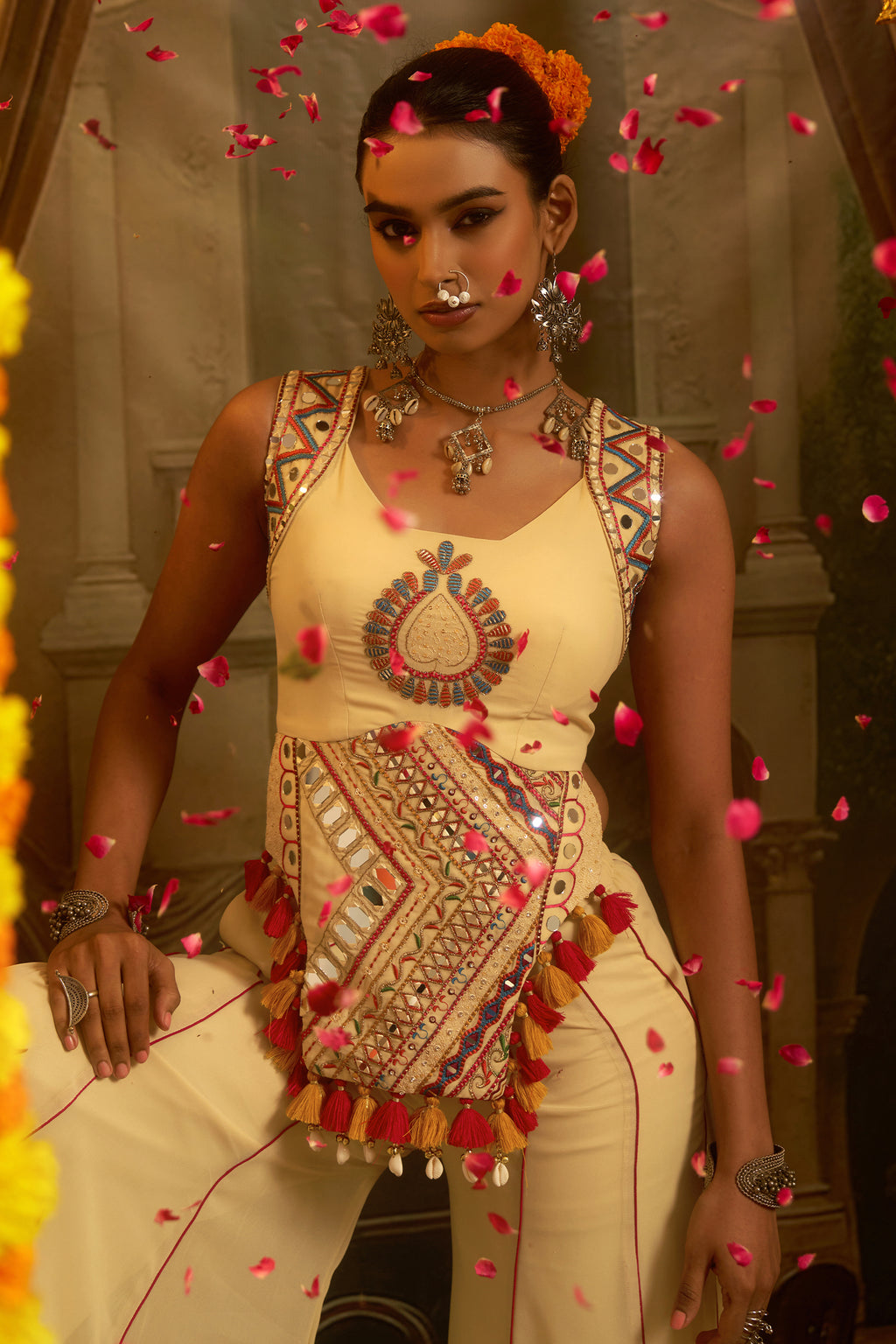Cream Embroidery Mirror Worked Co-Ord Set with Mirror Work