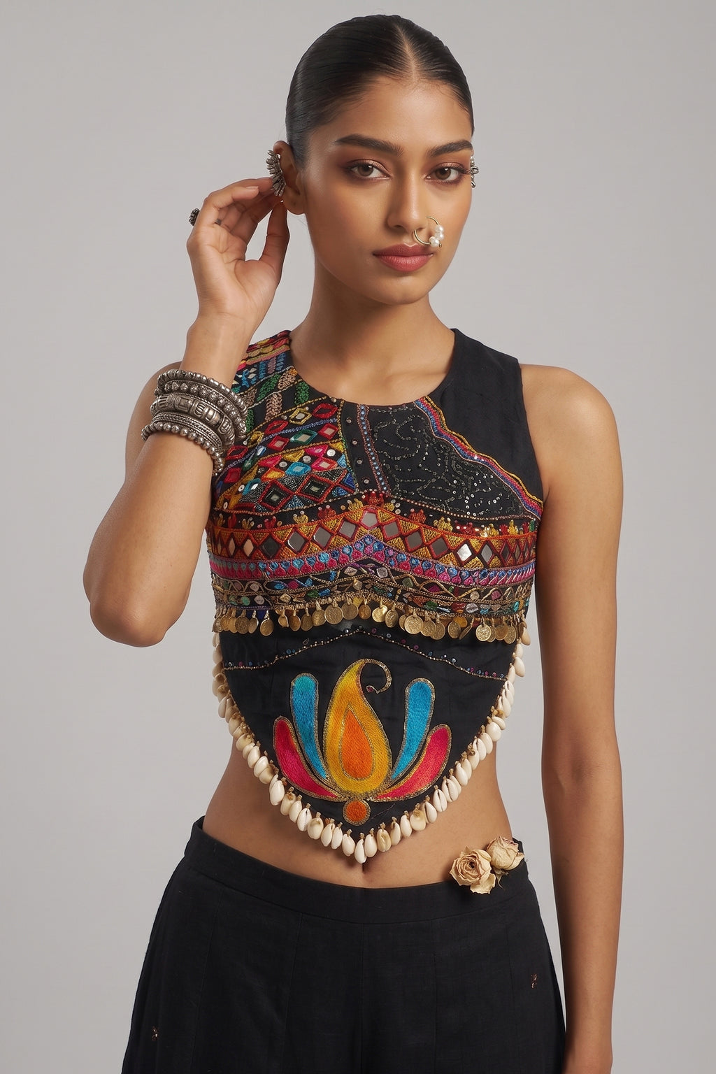 Black Georgette Mirror Embroidery Work Co-Ord Set with Shells