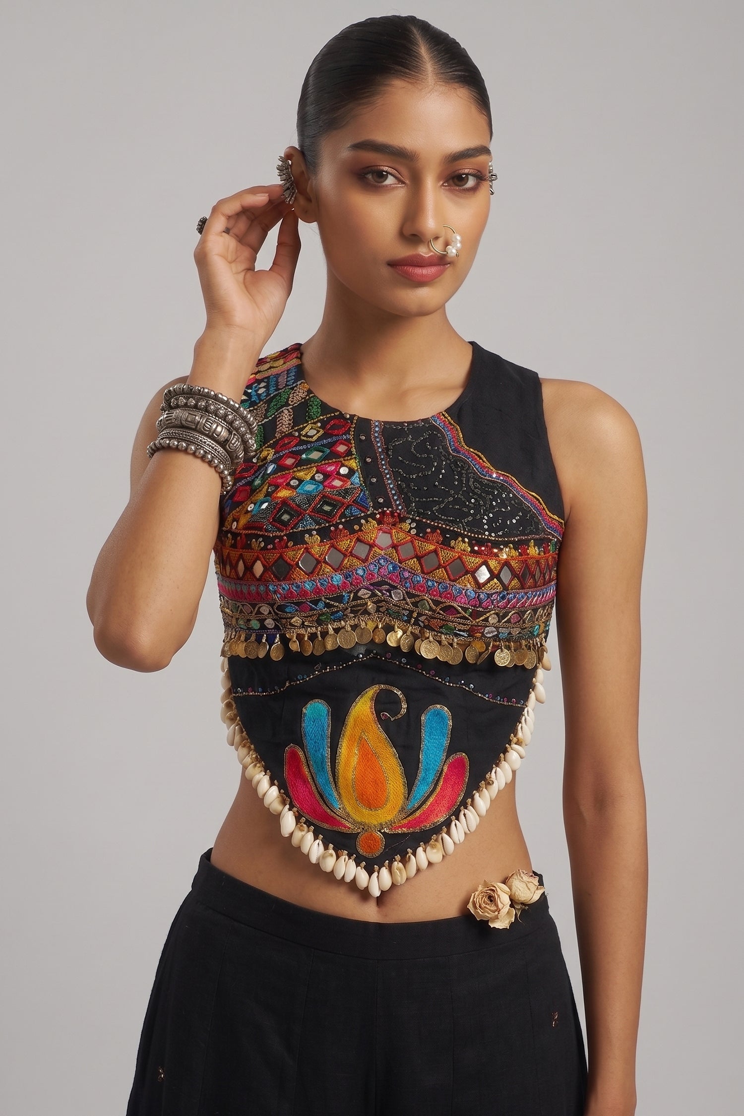 Black Georgette Mirror Embroidery Work Co-Ord Set with Shells