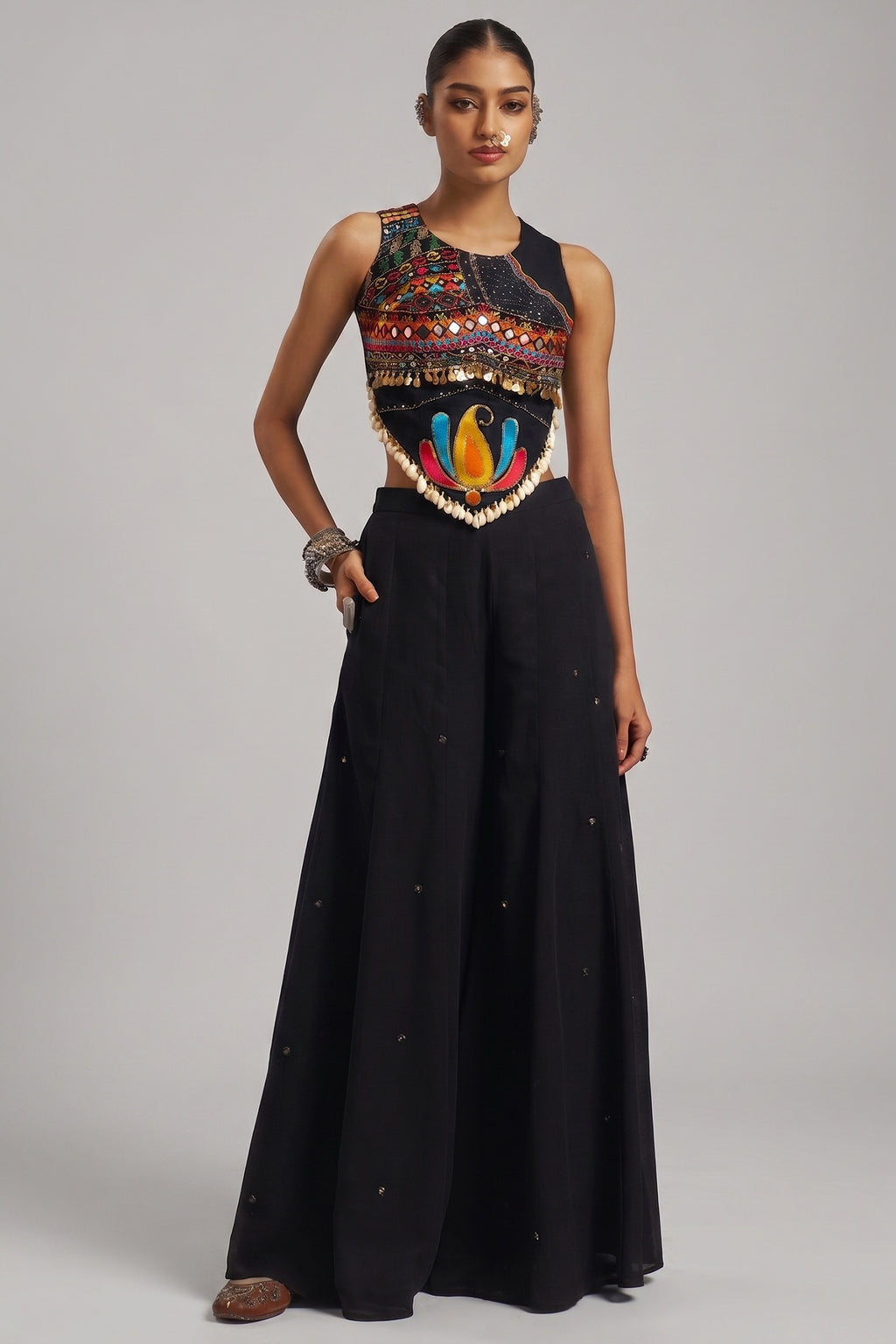 Black Georgette Mirror Embroidery Work Co-Ord Set with Shells