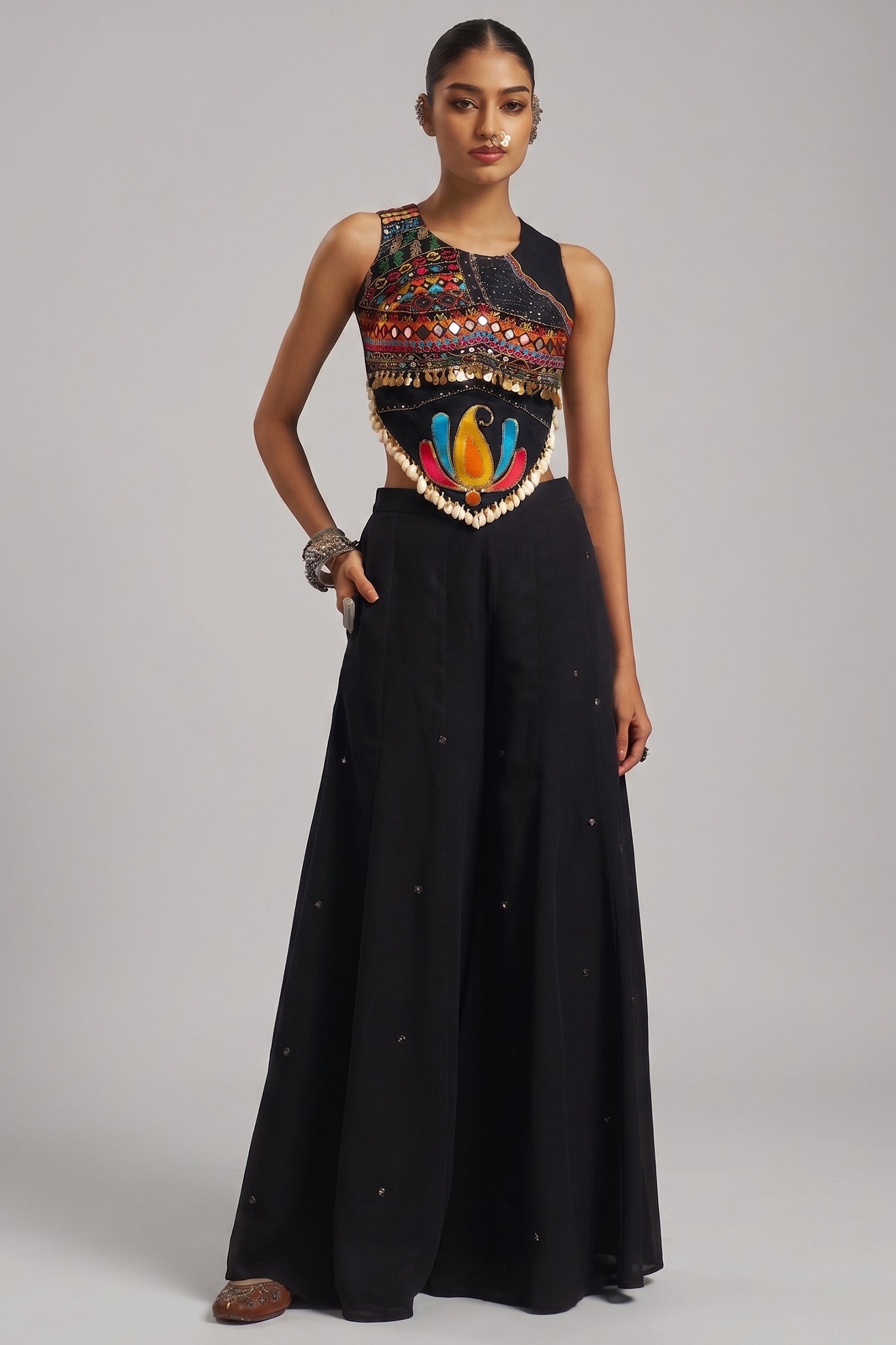 Black Georgette Mirror Embroidery Work Co-Ord Set with Shells