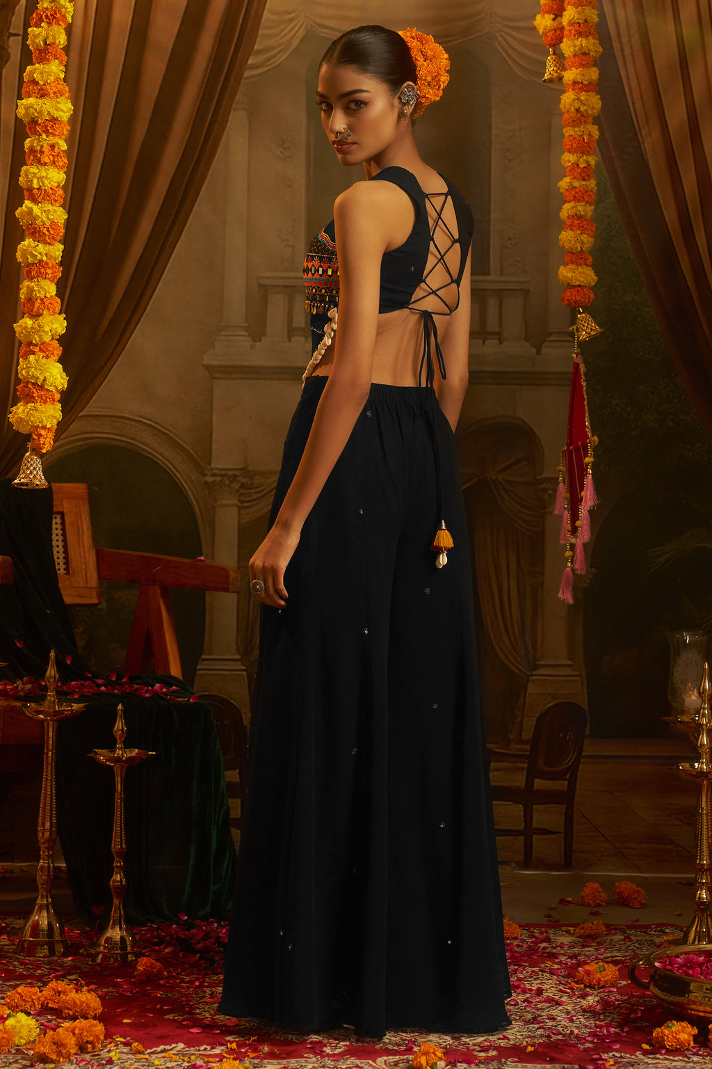 Black Georgette Mirror Embroidery Work Co-Ord Set with Shells