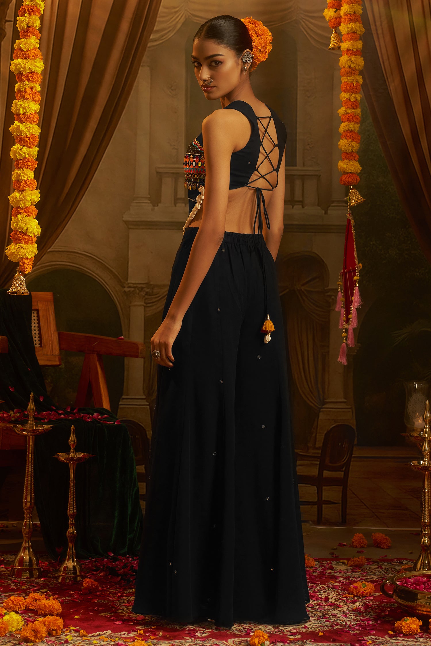 Black Georgette Mirror Embroidery Work Co-Ord Set with Shells