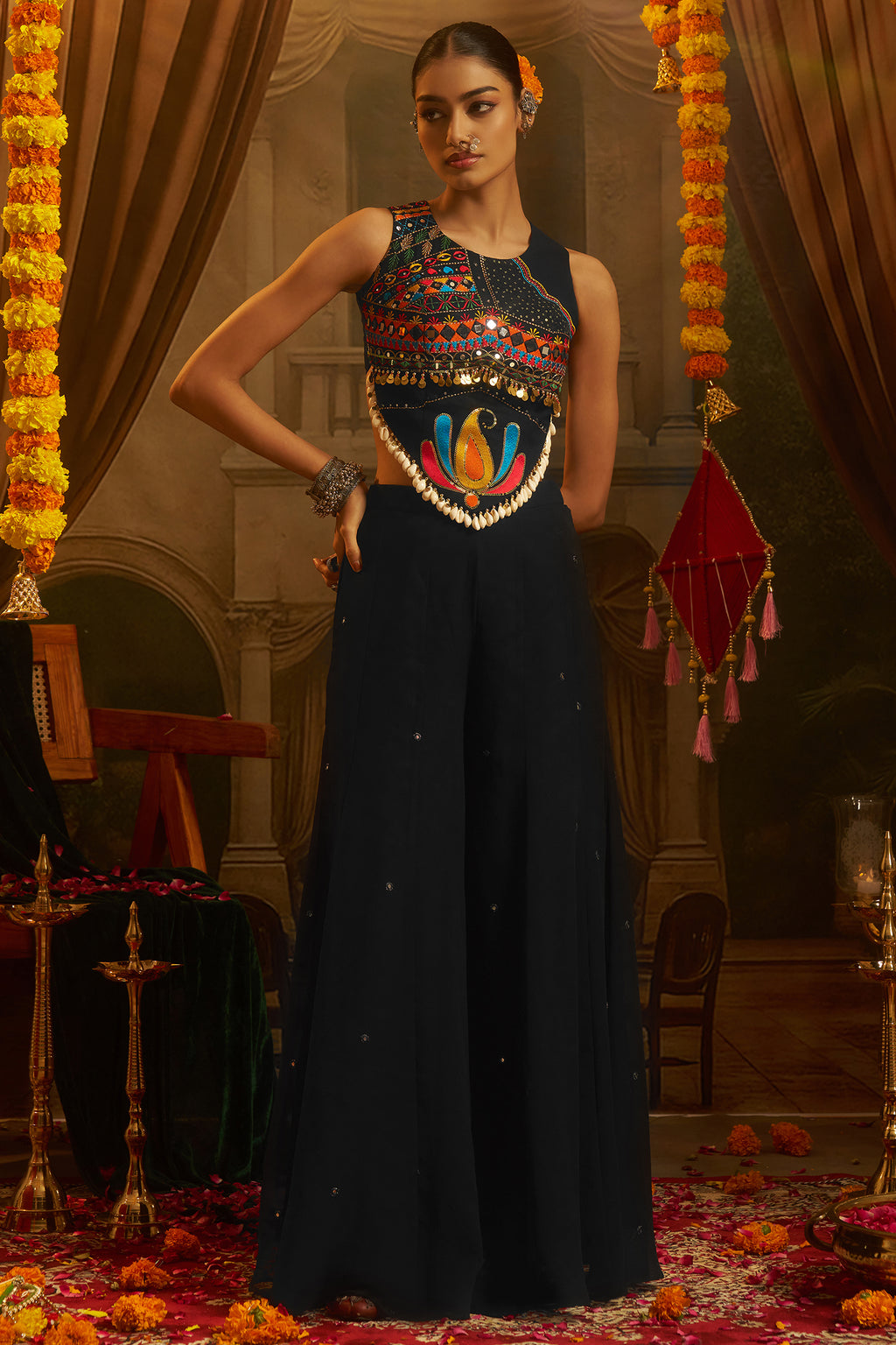 Black Georgette Mirror Embroidery Work Co-Ord Set with Shells