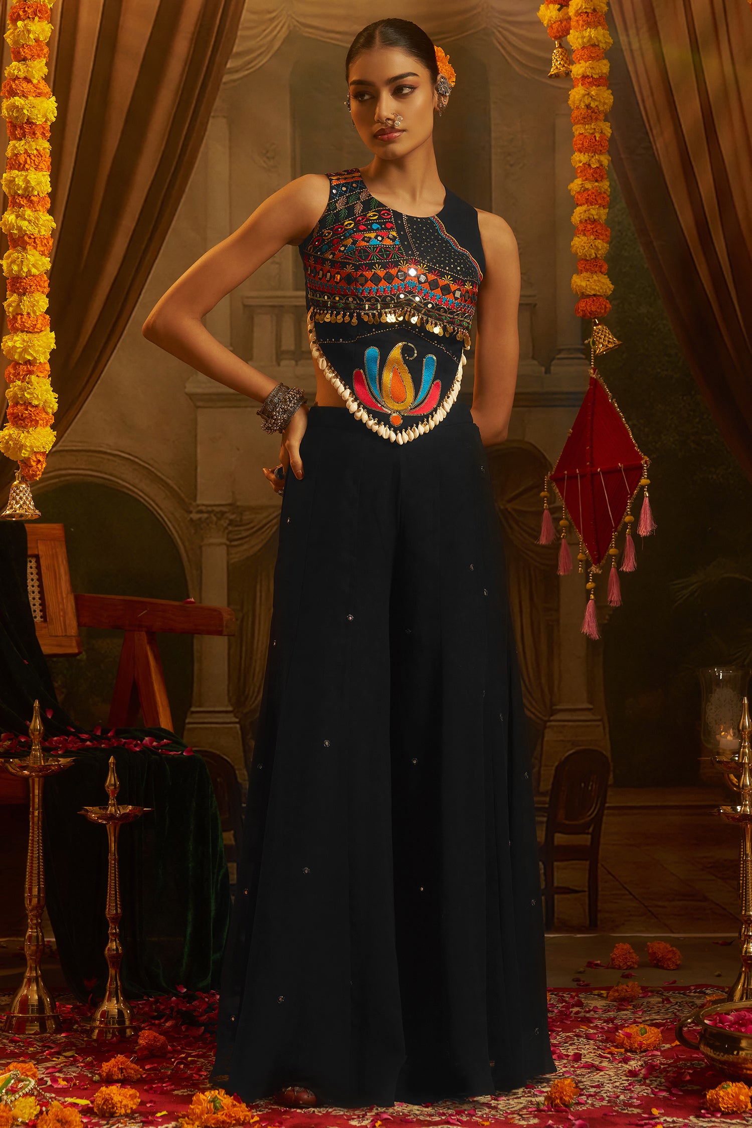 Black Georgette Mirror Embroidery Work Co-Ord Set with Shells