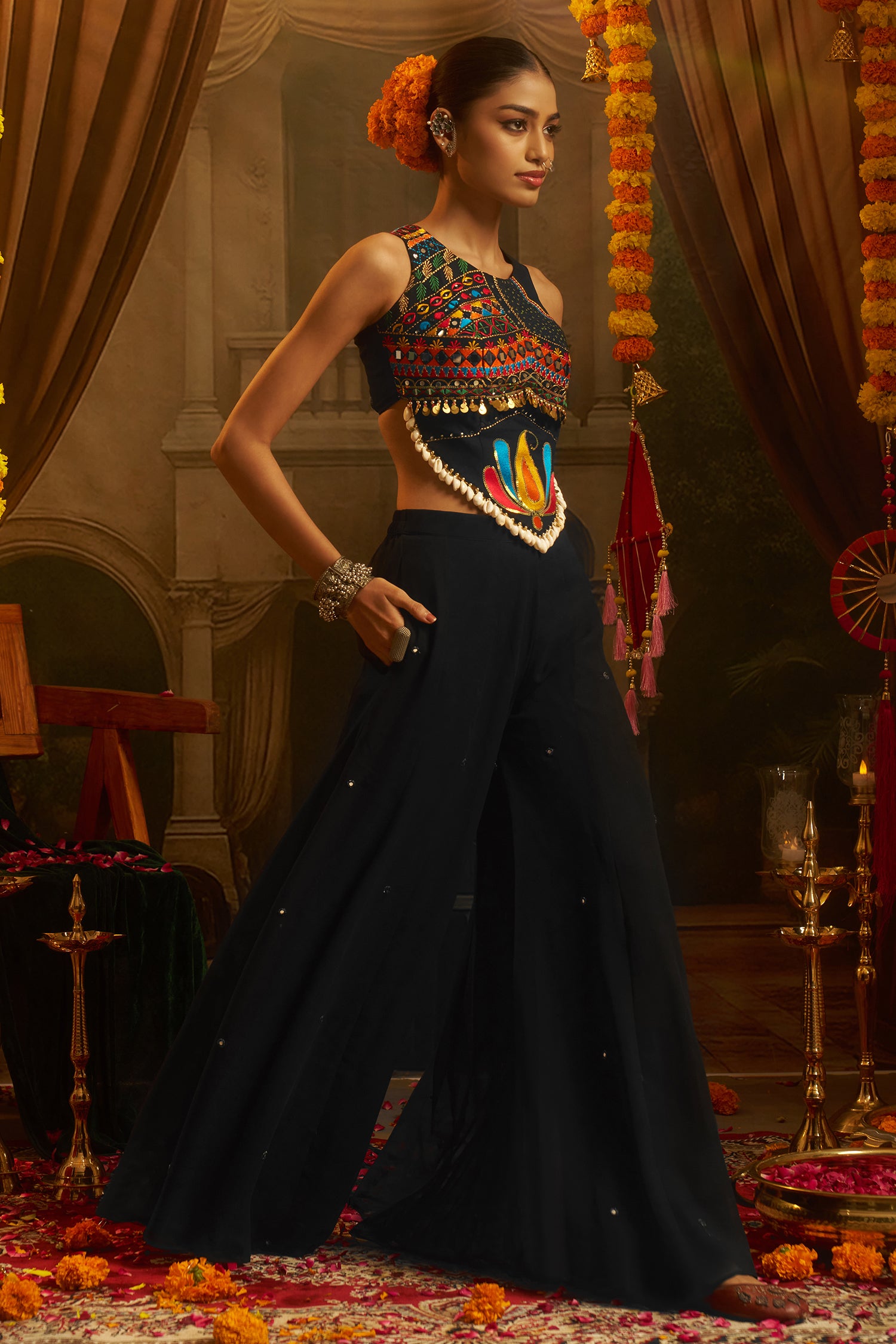 Black Georgette Mirror Embroidery Work Co-Ord Set with Shells