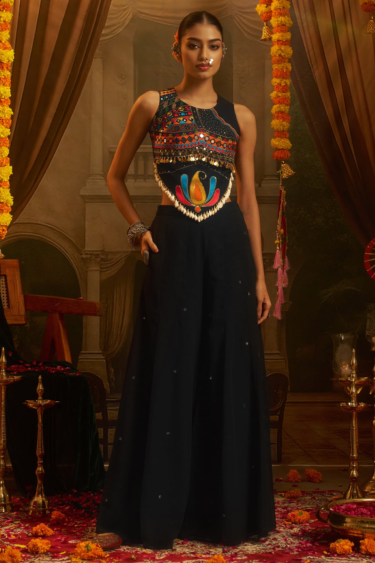 Black Georgette Mirror Embroidery Work Co-Ord Set with Shells