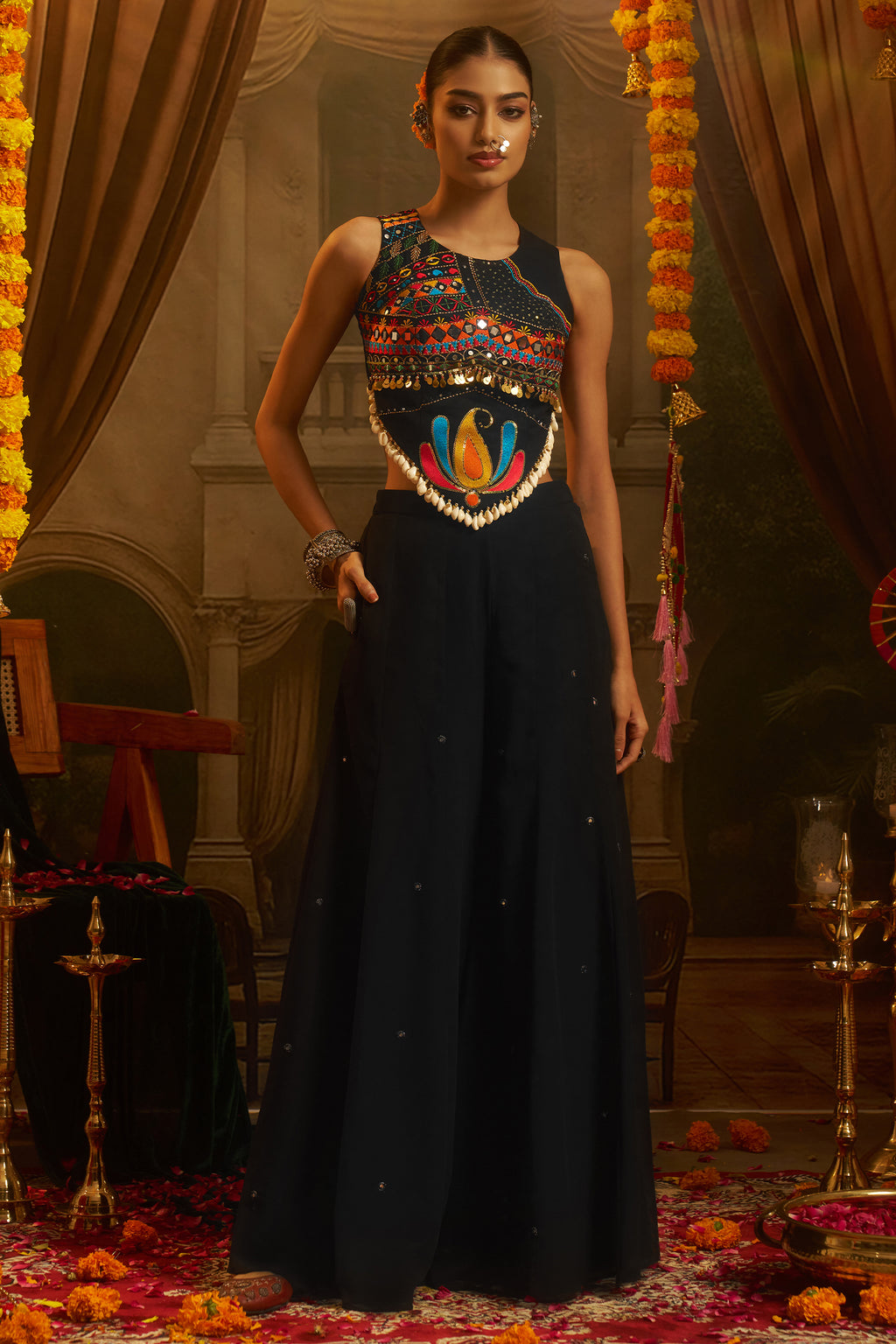 Black Georgette Mirror Embroidery Work Co-Ord Set with Shells