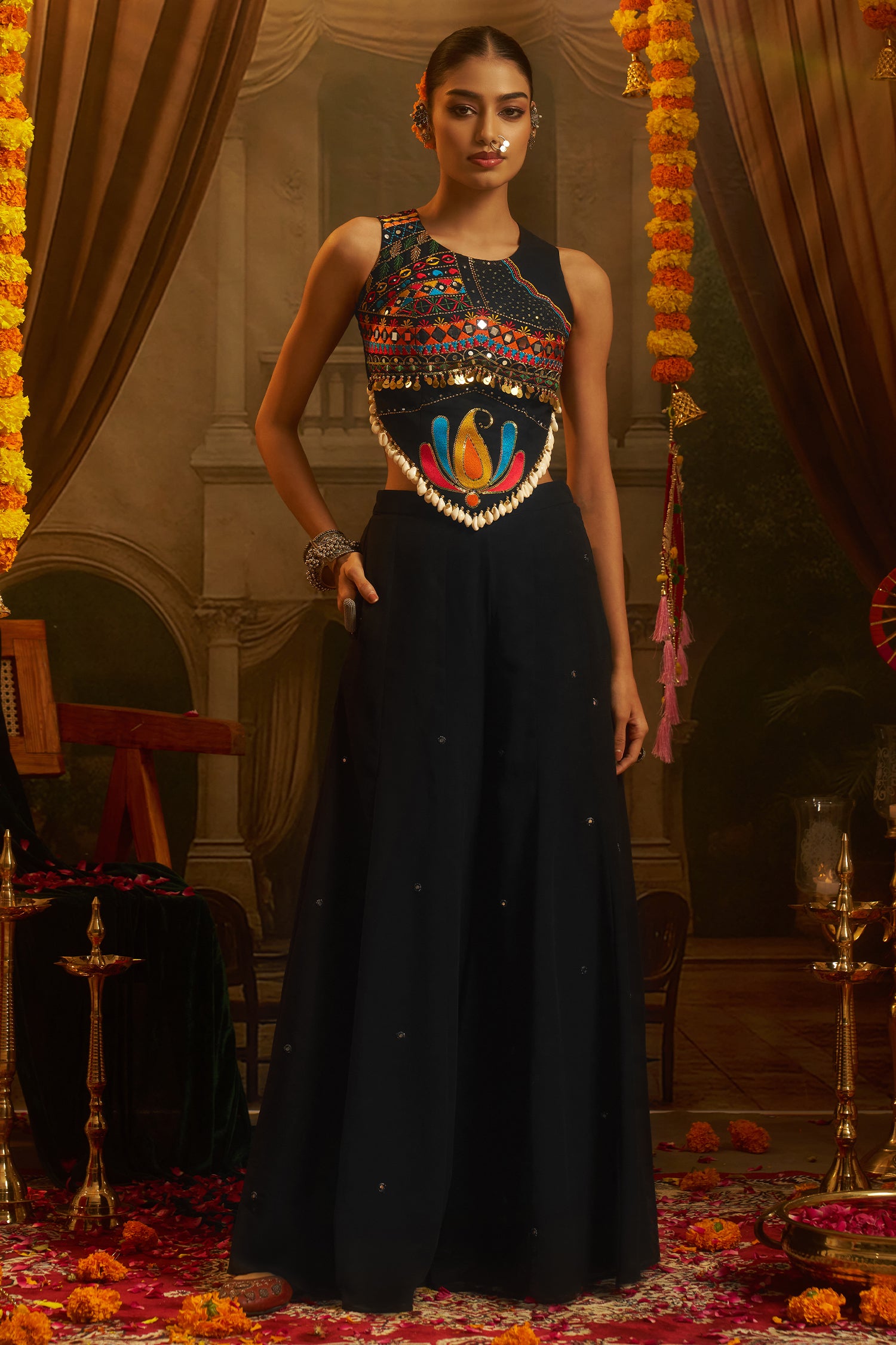 Black Georgette Mirror Embroidery Work Co-Ord Set with Shells