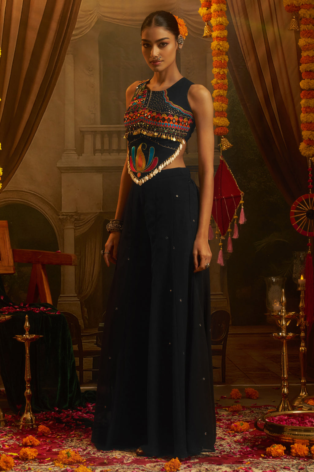 Black Georgette Mirror Embroidery Work Co-Ord Set with Shells
