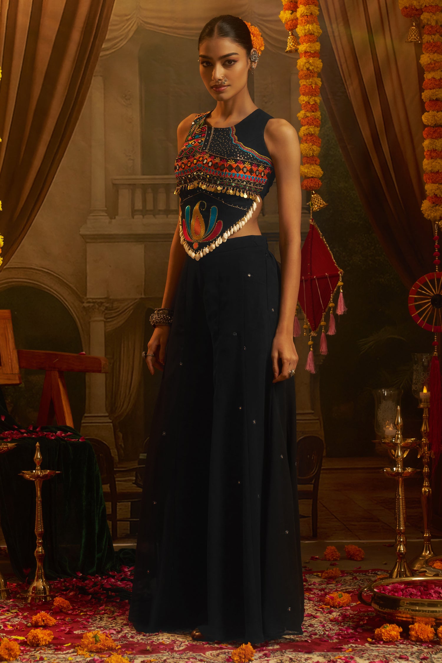 Black Georgette Mirror Embroidery Work Co-Ord Set with Shells