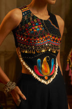 Black Georgette Mirror Embroidery Work Co-Ord Set with Shells