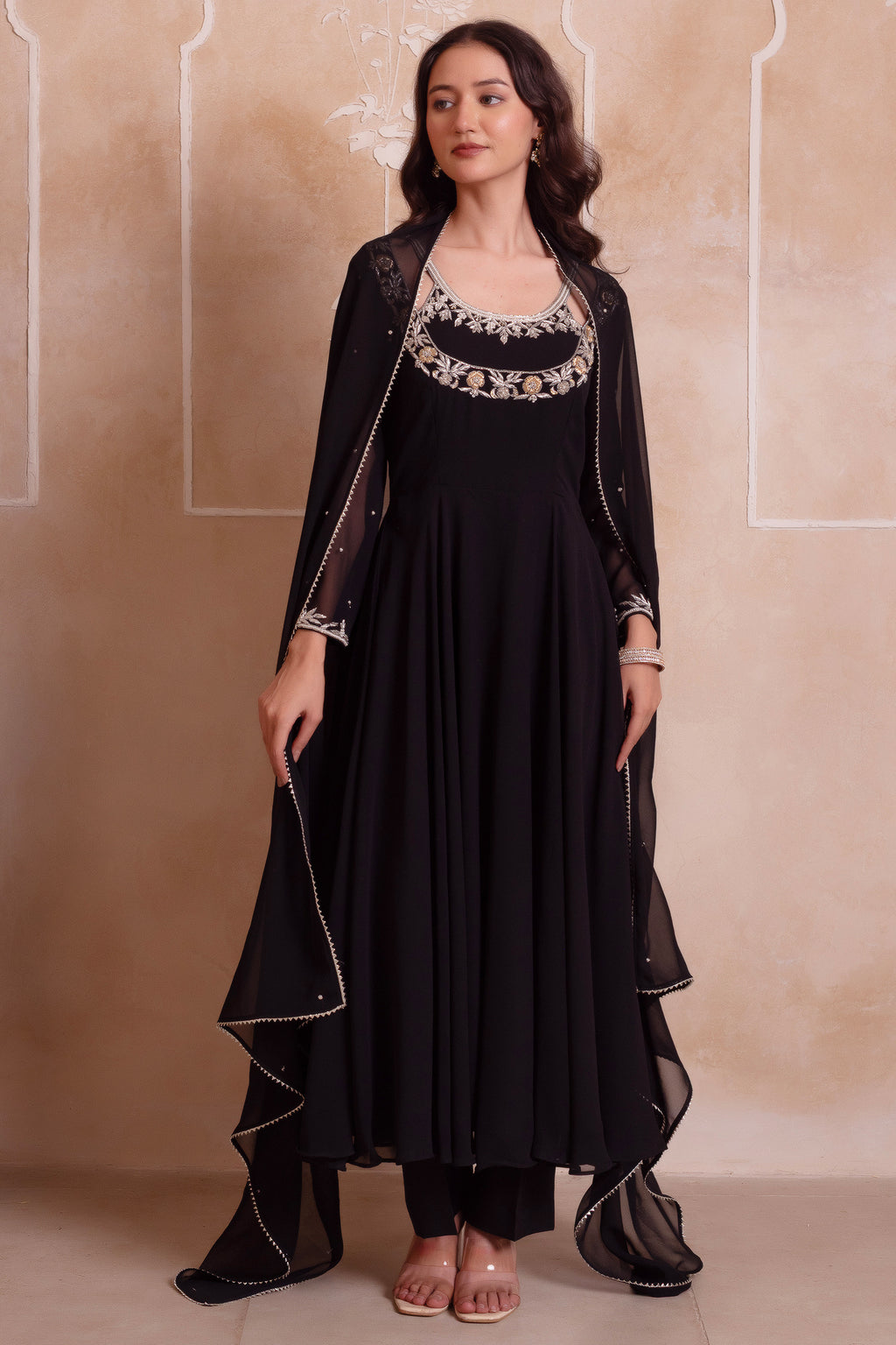 Jet Black Embroidered Georgette Anarkali Suit