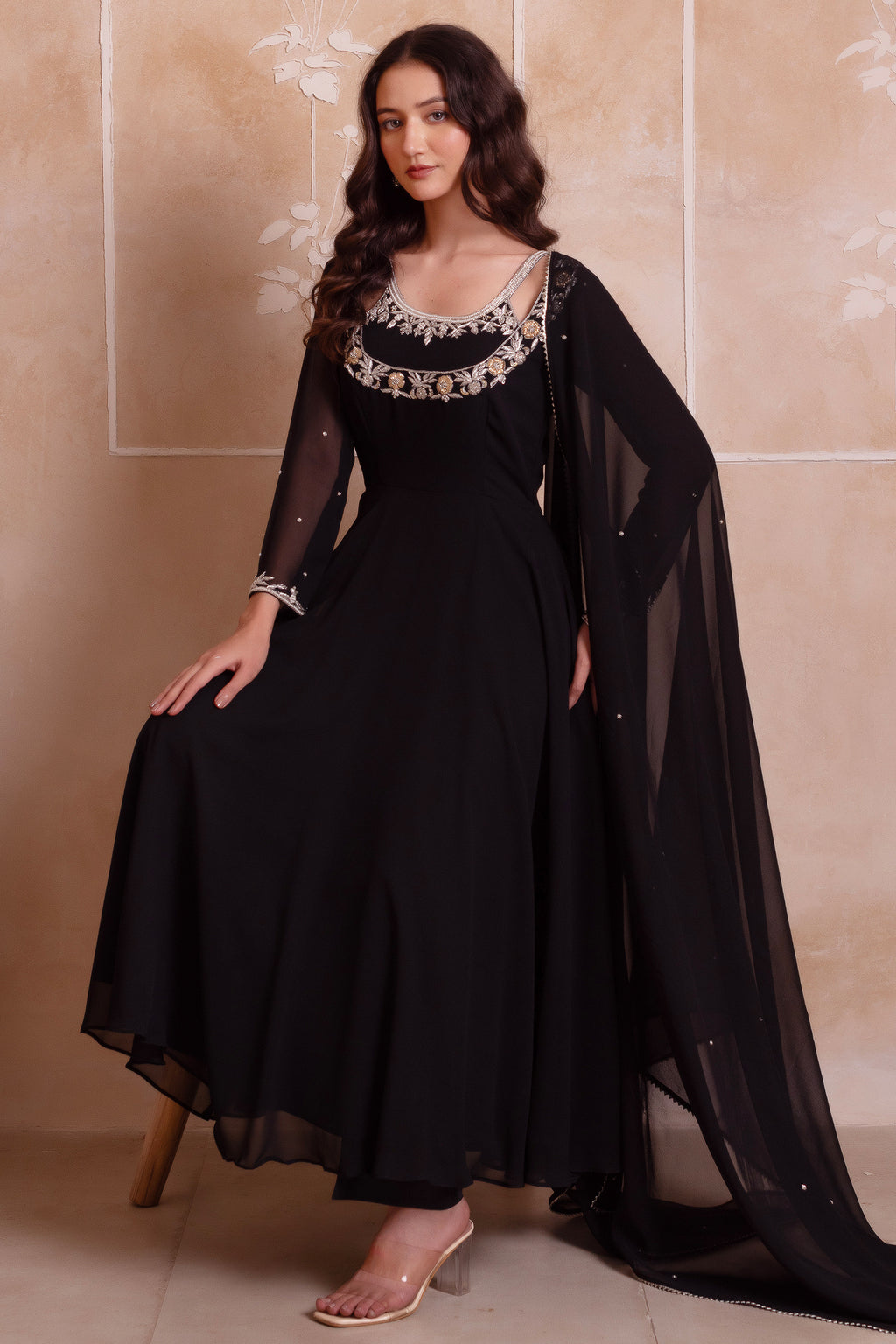 Jet Black Embroidered Georgette Anarkali Suit