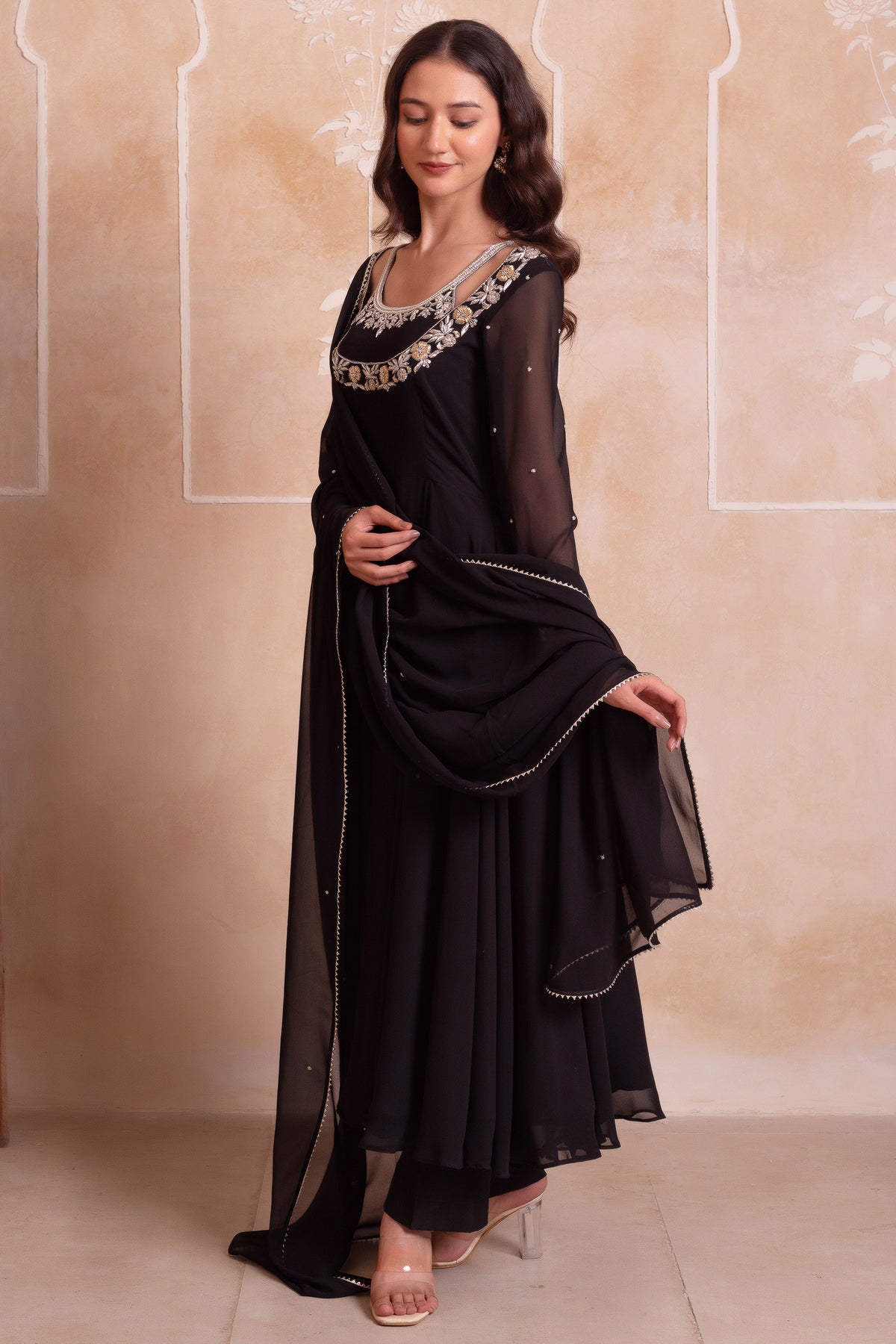Jet Black Embroidered Georgette Anarkali Suit