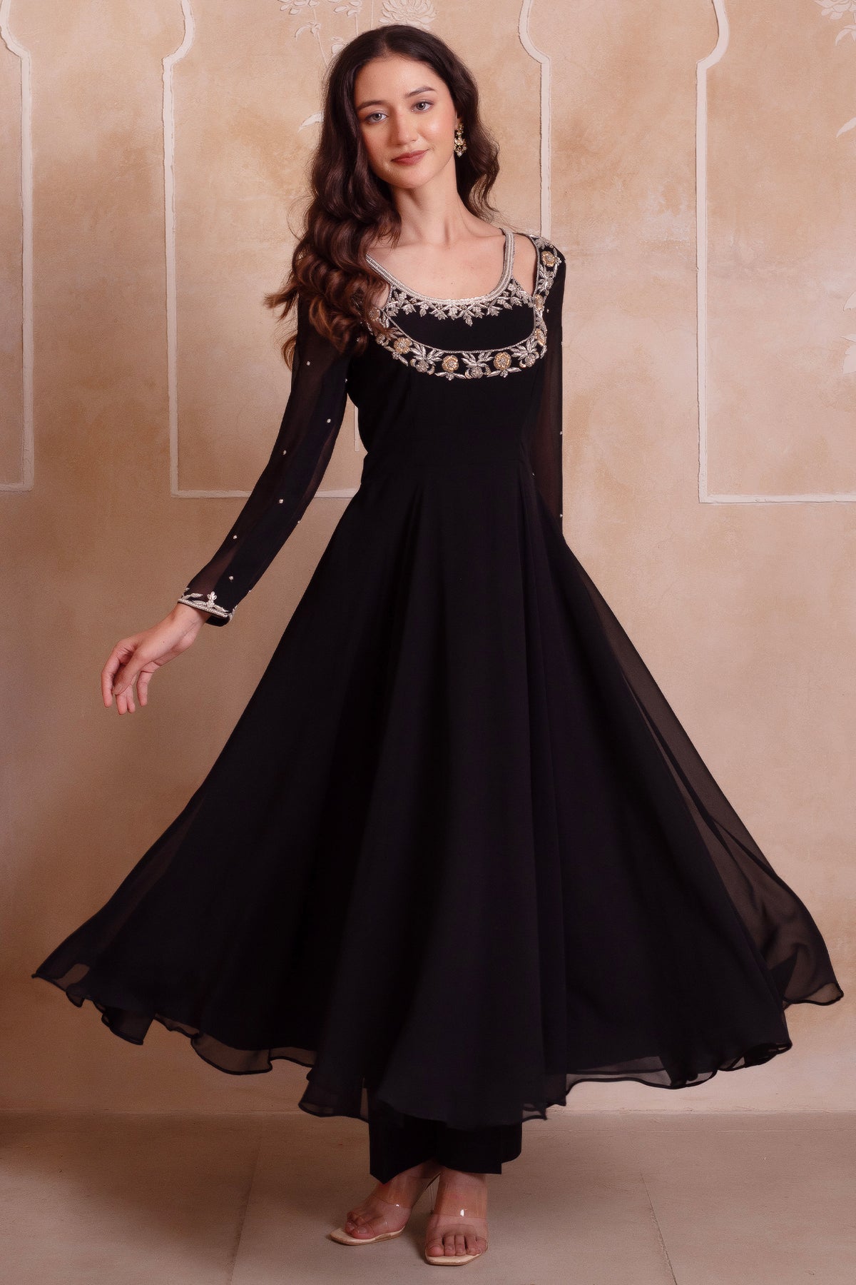 Jet Black Embroidered Georgette Anarkali Suit