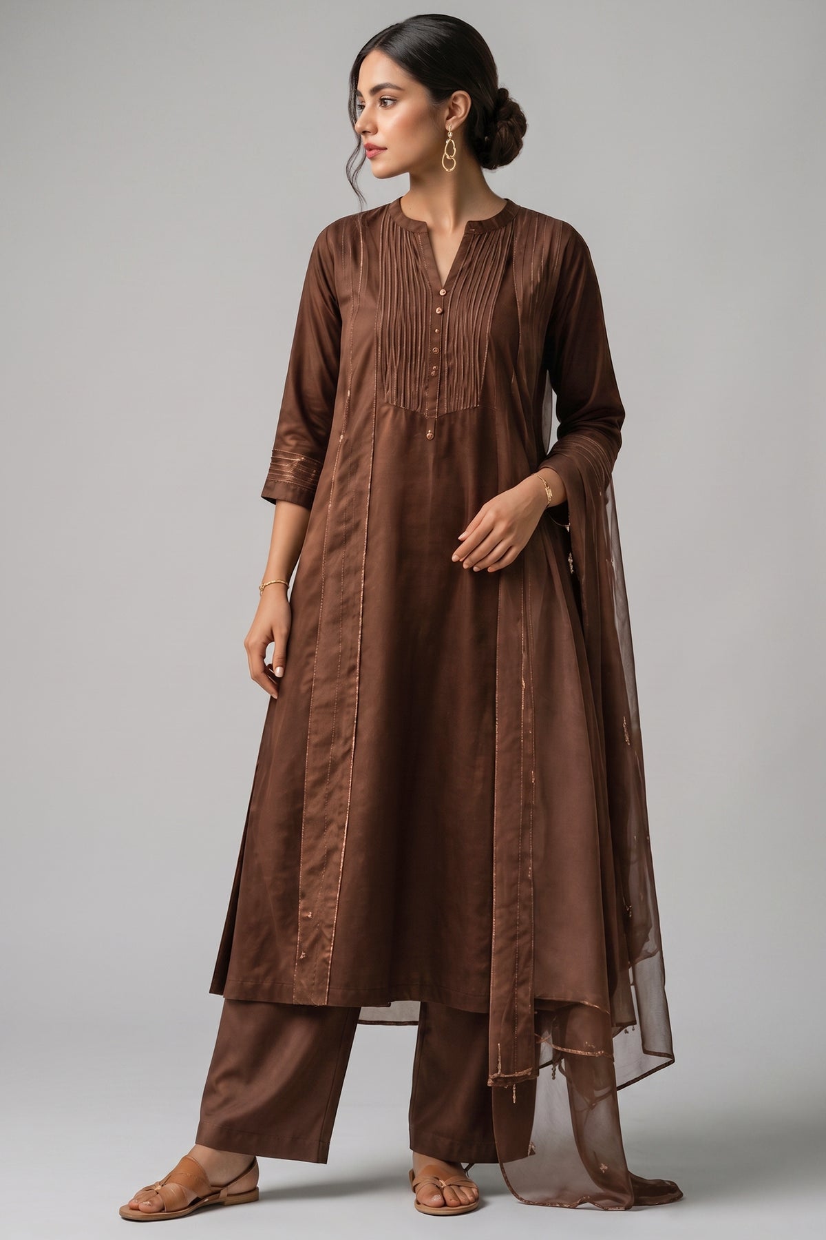 Earthy Brown Pin Tucked Cotton Straight Cut Suit