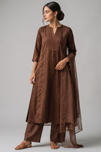 Earthy Brown Pin Tucked Cotton Straight Cut Suit