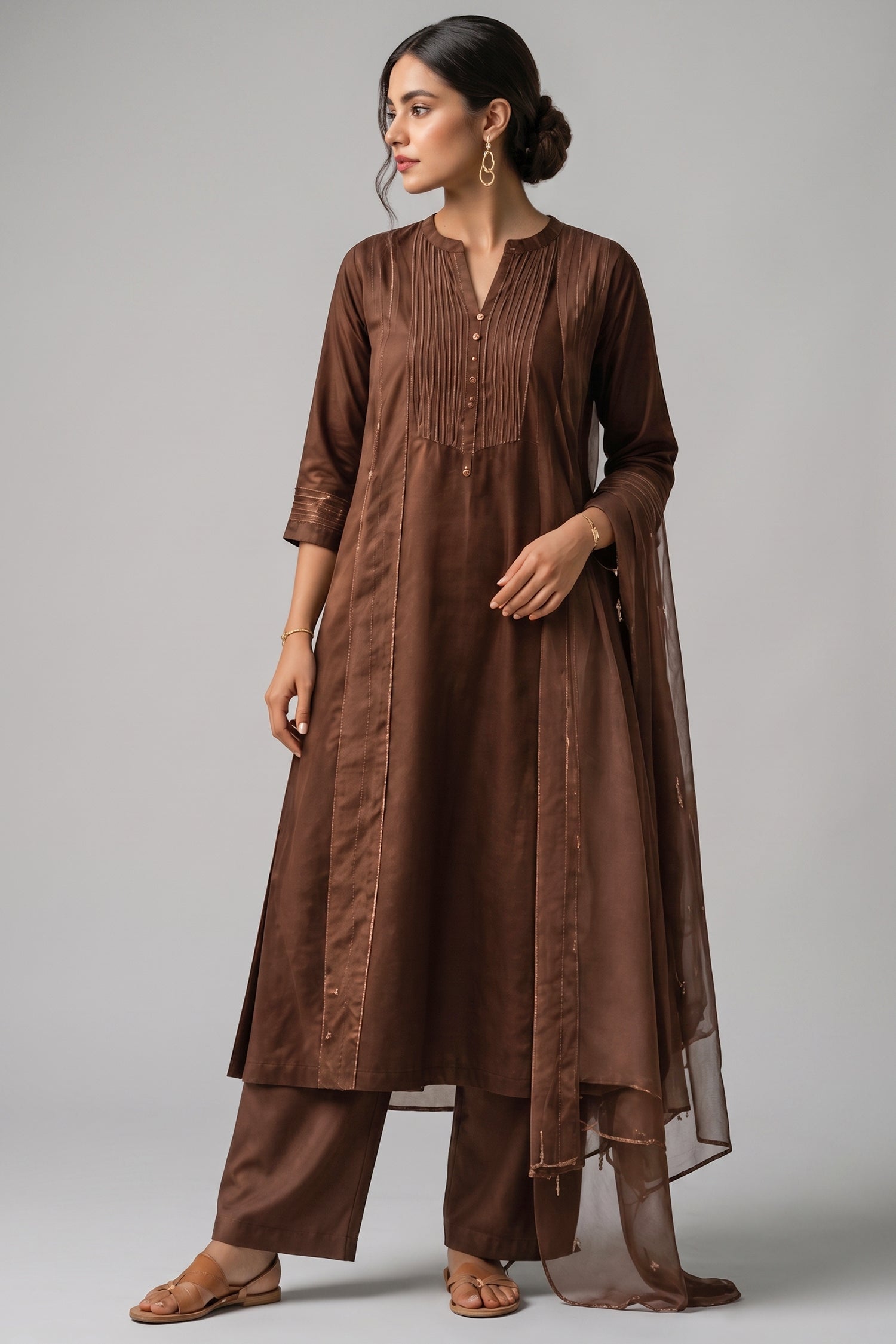 Earthy Brown Pin Tucked Cotton Straight Cut Suit