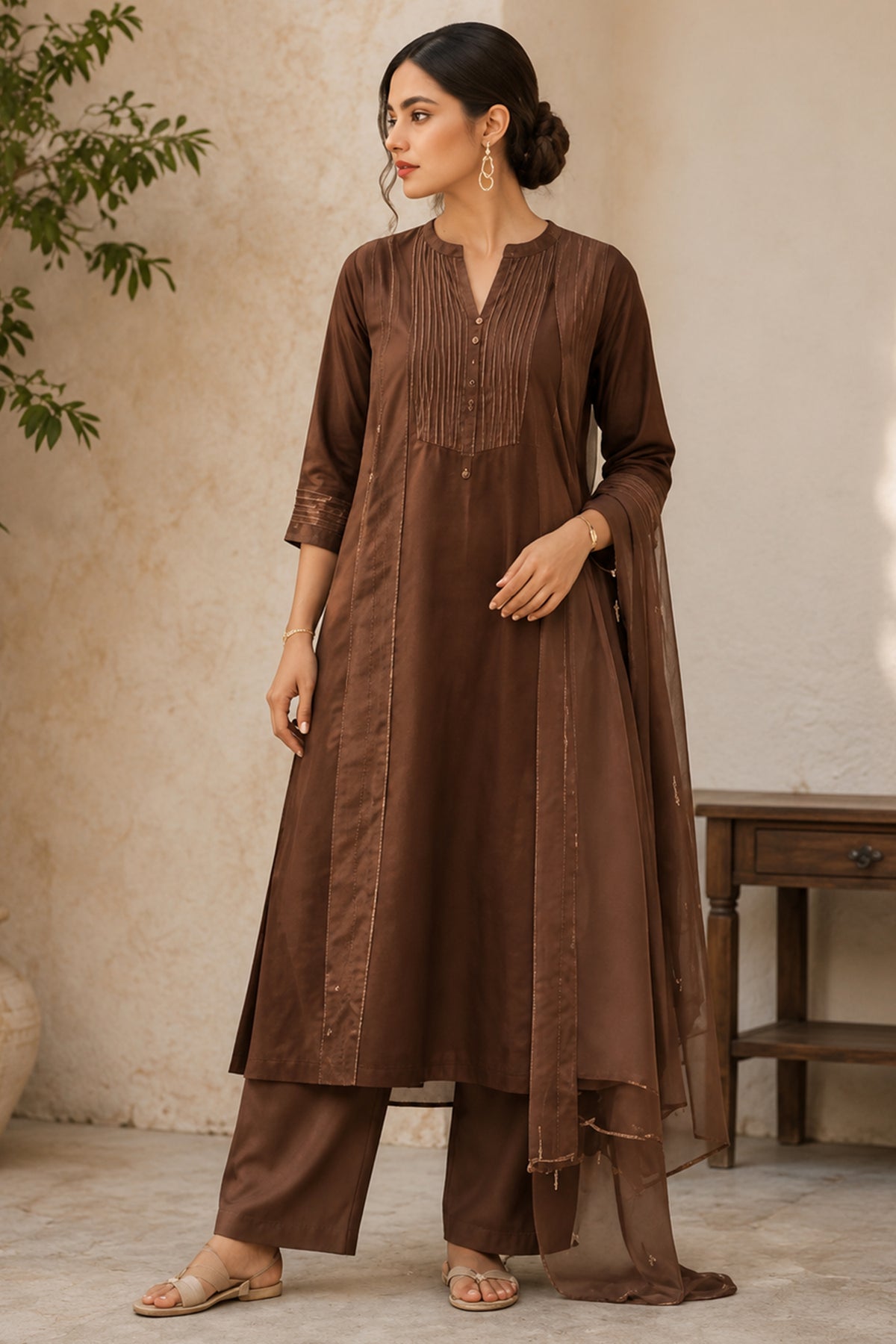 Earthy Brown Pin Tucked Cotton Straight Cut Suit