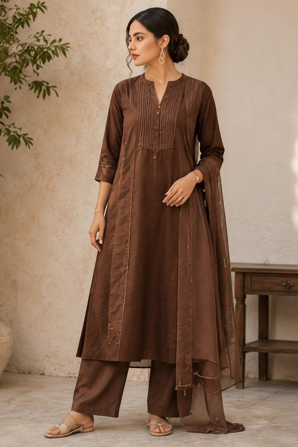 Earthy Brown Pin Tucked Cotton Straight Cut Suit