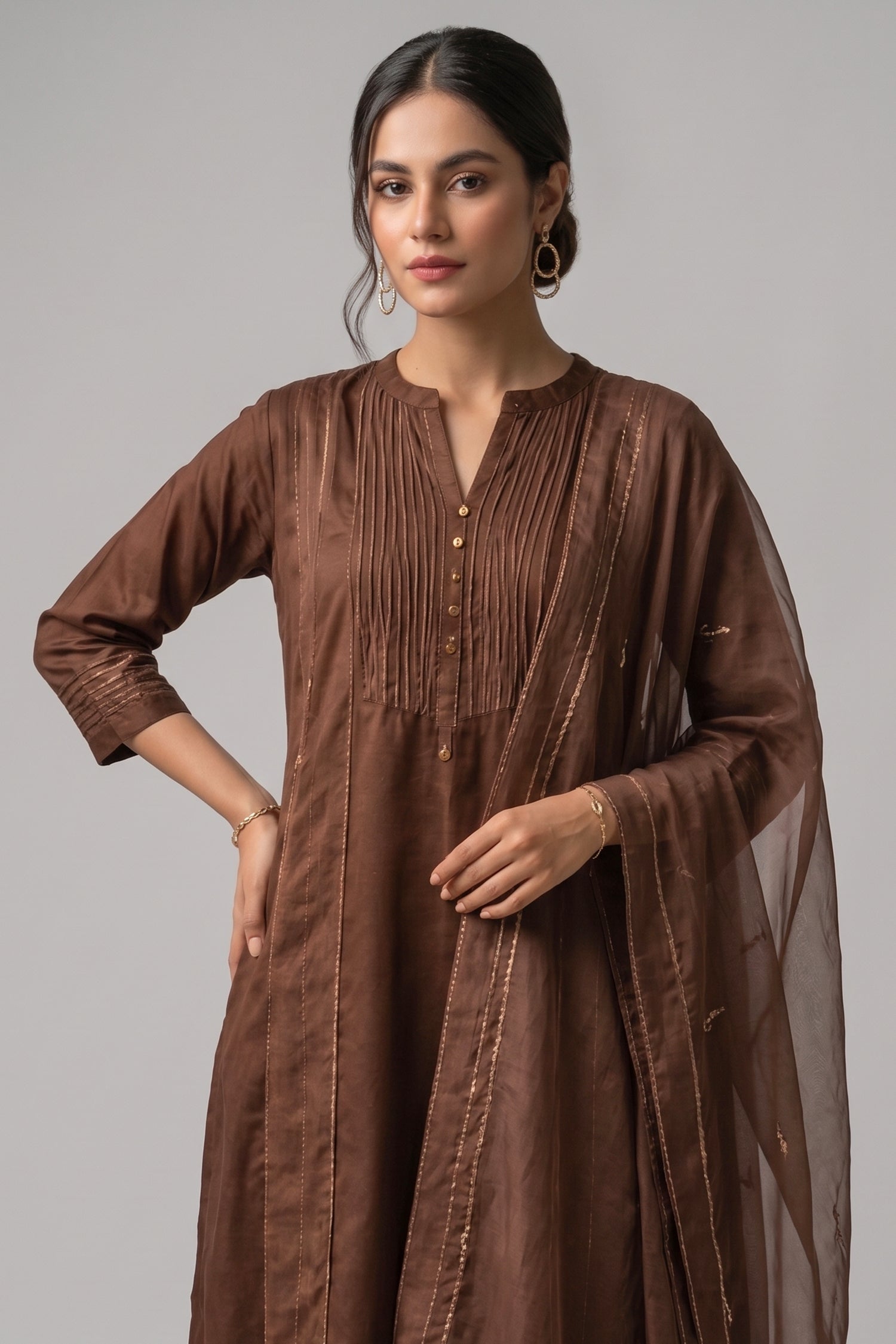 Earthy Brown Pin Tucked Cotton Straight Cut Suit