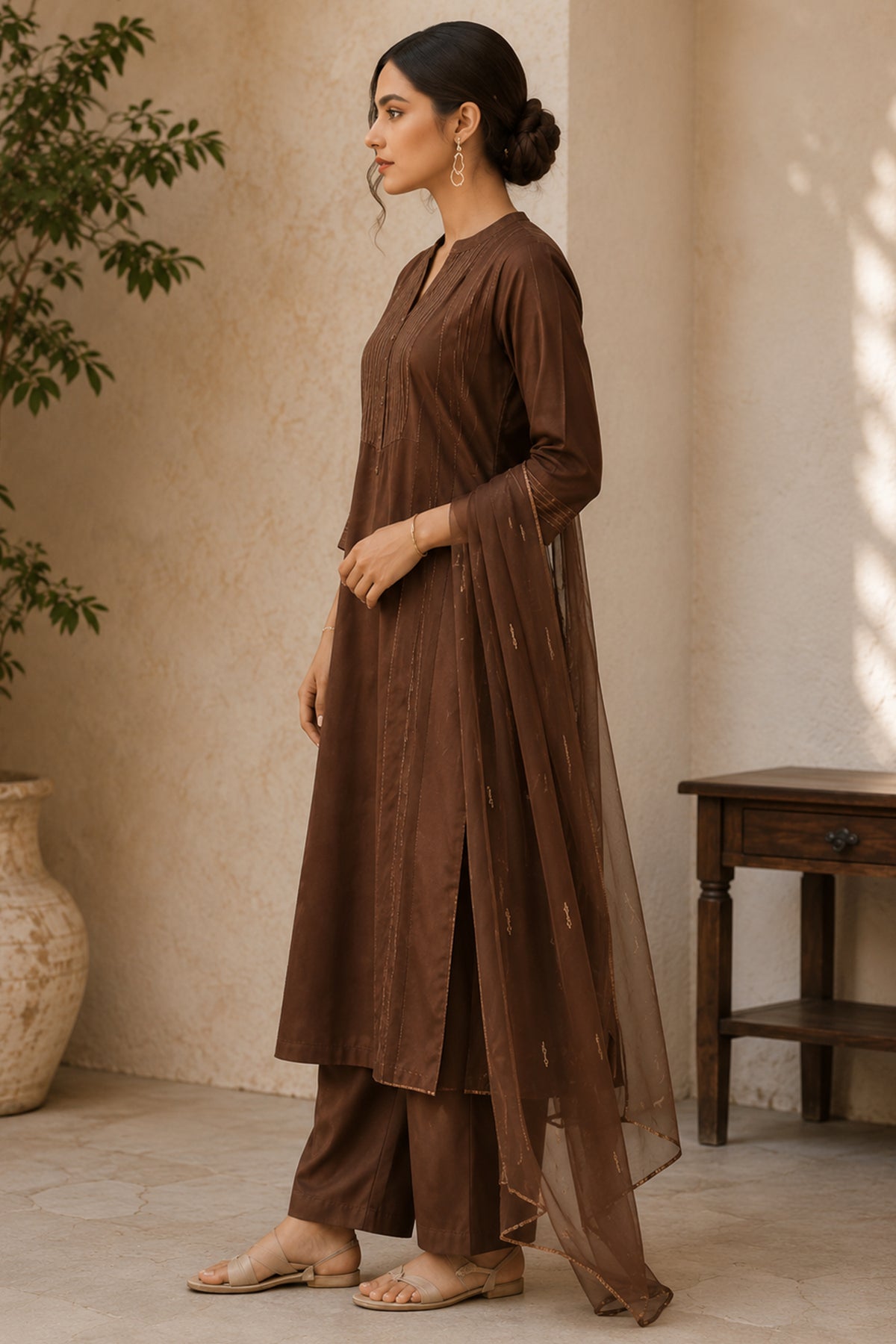 Earthy Brown Pin Tucked Cotton Straight Cut Suit