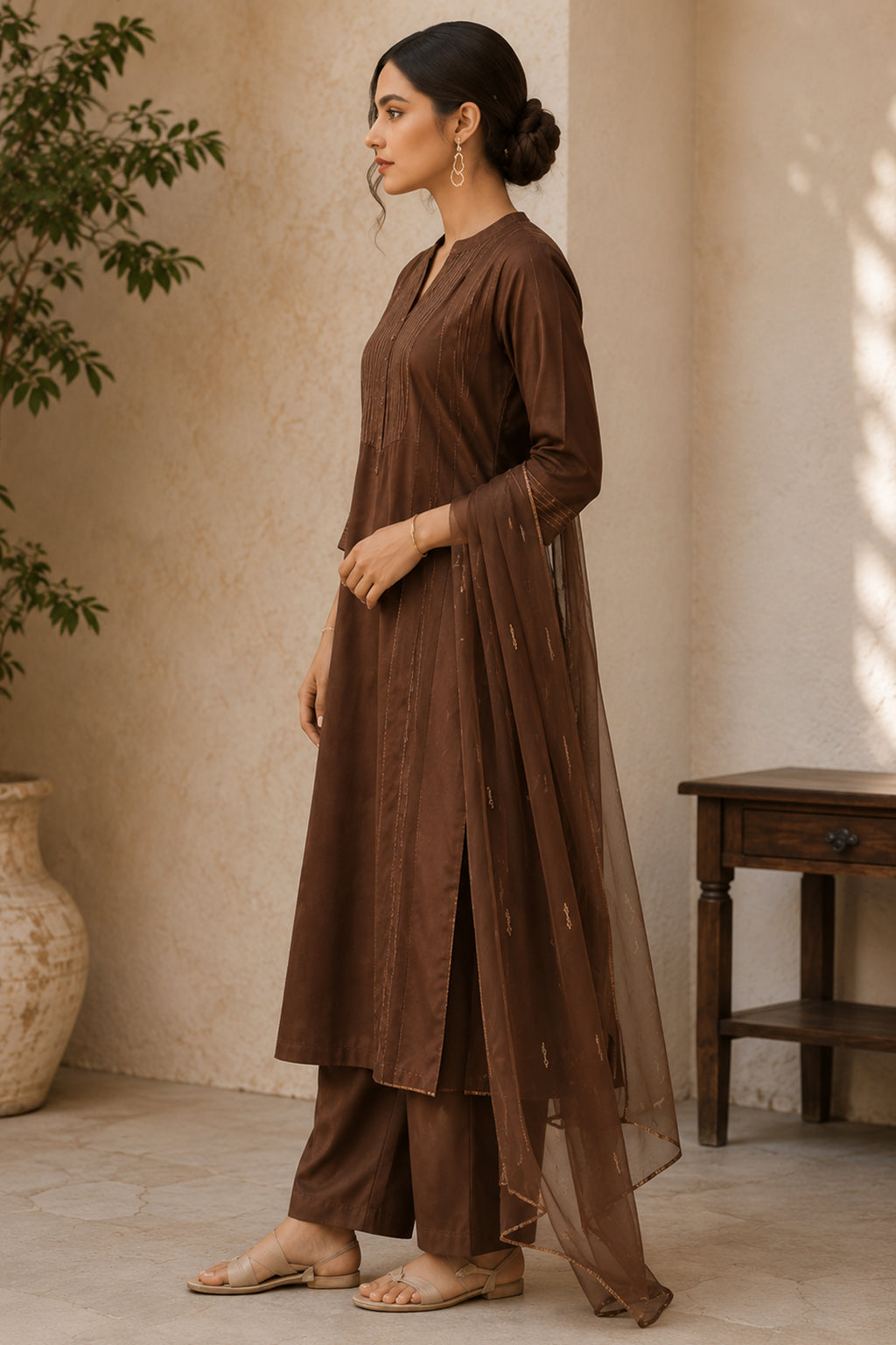 Earthy Brown Pin Tucked Cotton Straight Cut Suit
