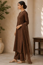 Earthy Brown Pin Tucked Cotton Straight Cut Suit