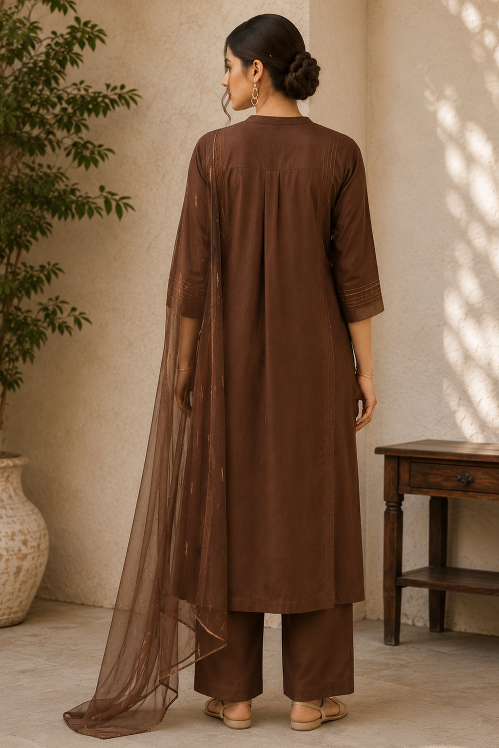 Earthy Brown Pin Tucked Cotton Straight Cut Suit