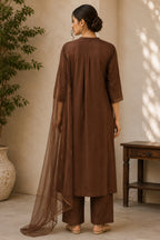 Earthy Brown Pin Tucked Cotton Straight Cut Suit