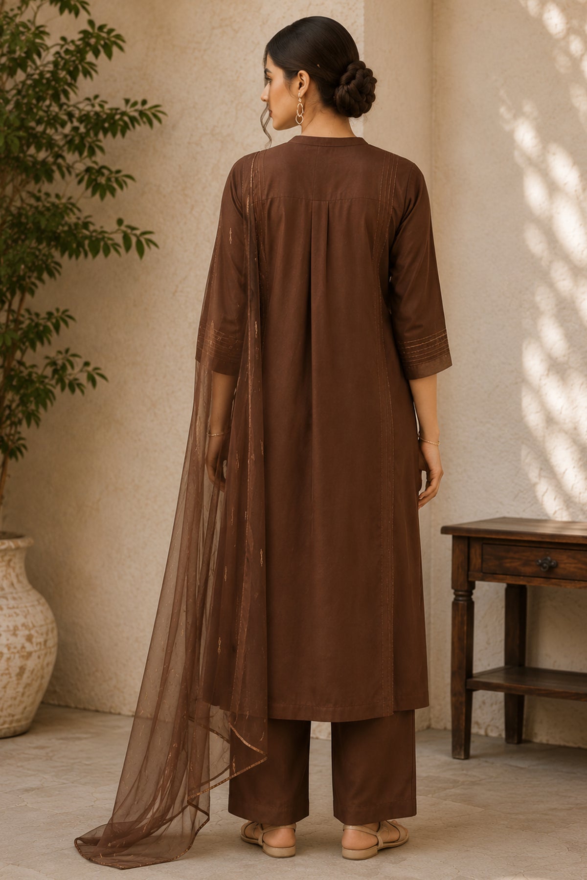 Earthy Brown Pin Tucked Cotton Straight Cut Suit