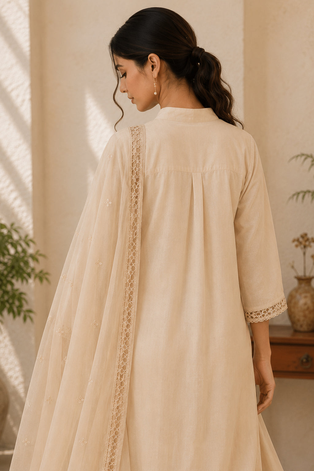 Off White Cotton Straight Cut Embroidered Suit