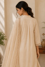 Off White Cotton Straight Cut Embroidered Suit