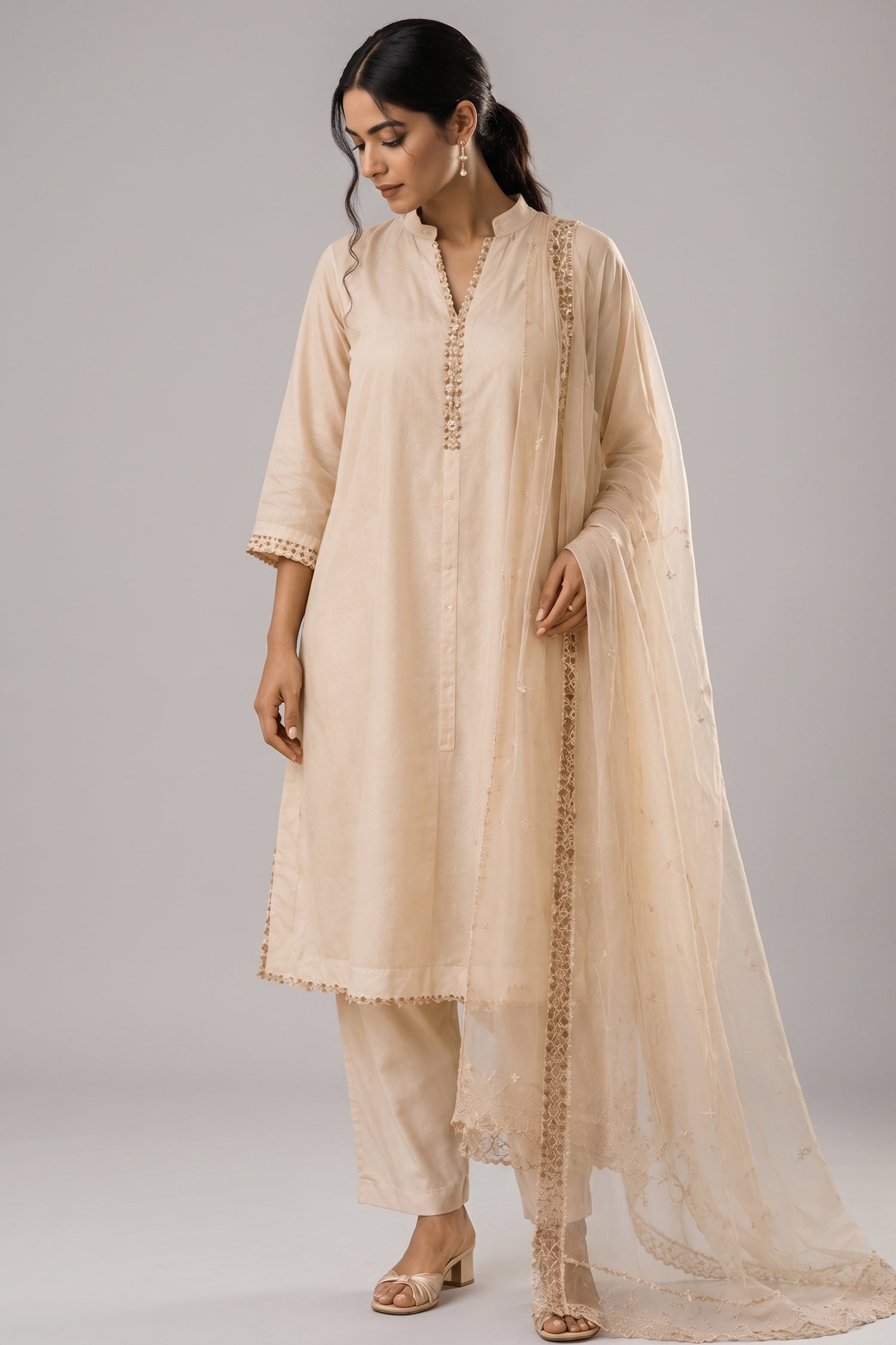 Off White Cotton Straight Cut Embroidered Suit