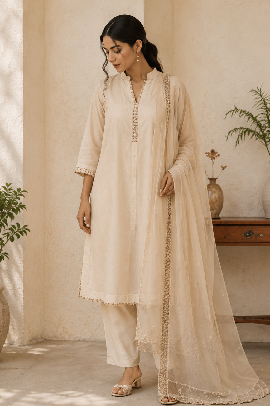 Off White Cotton Straight Cut Embroidered Suit