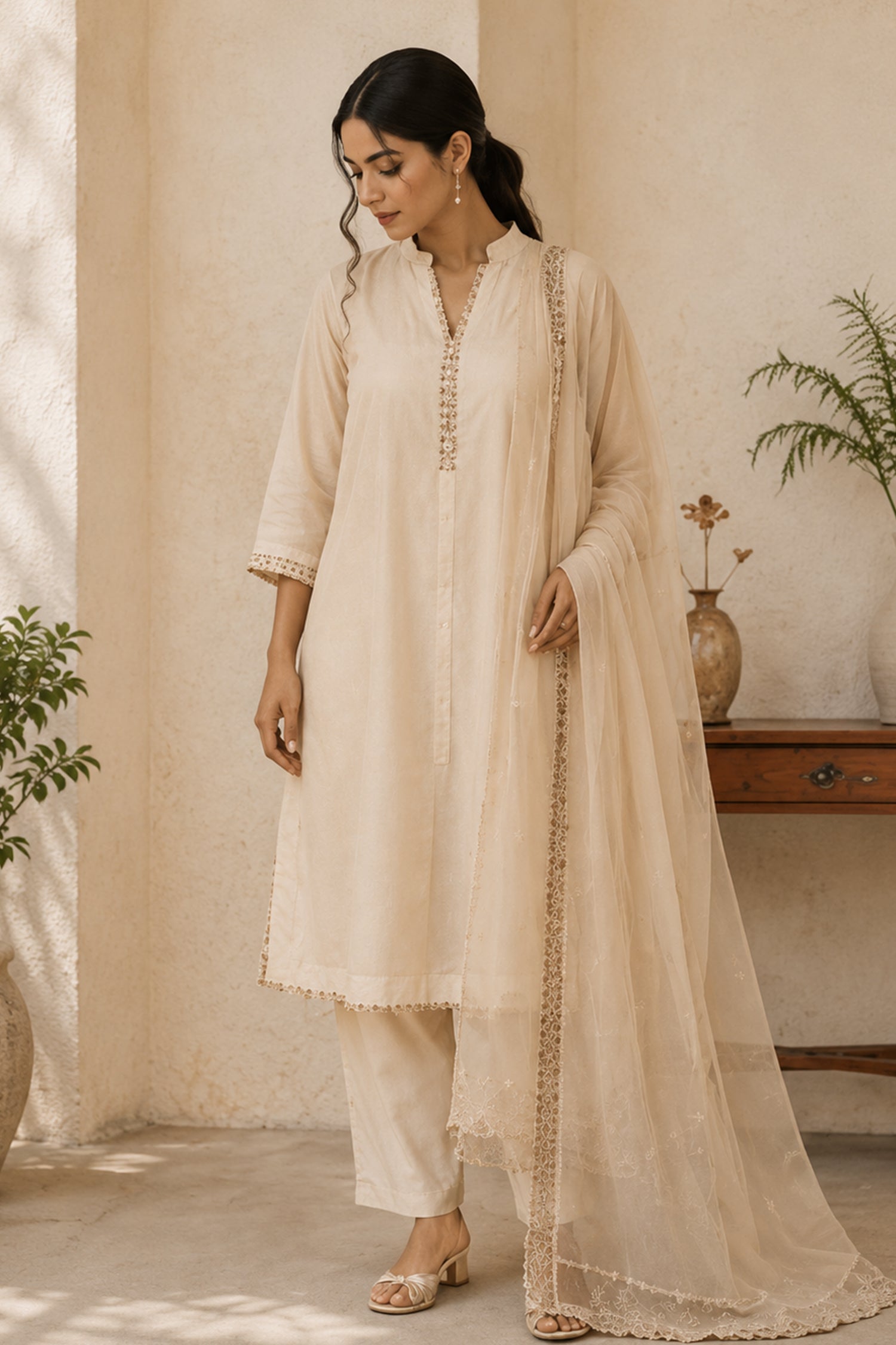 Off White Cotton Straight Cut Embroidered Suit