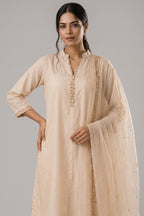 Off White Cotton Straight Cut Embroidered Suit