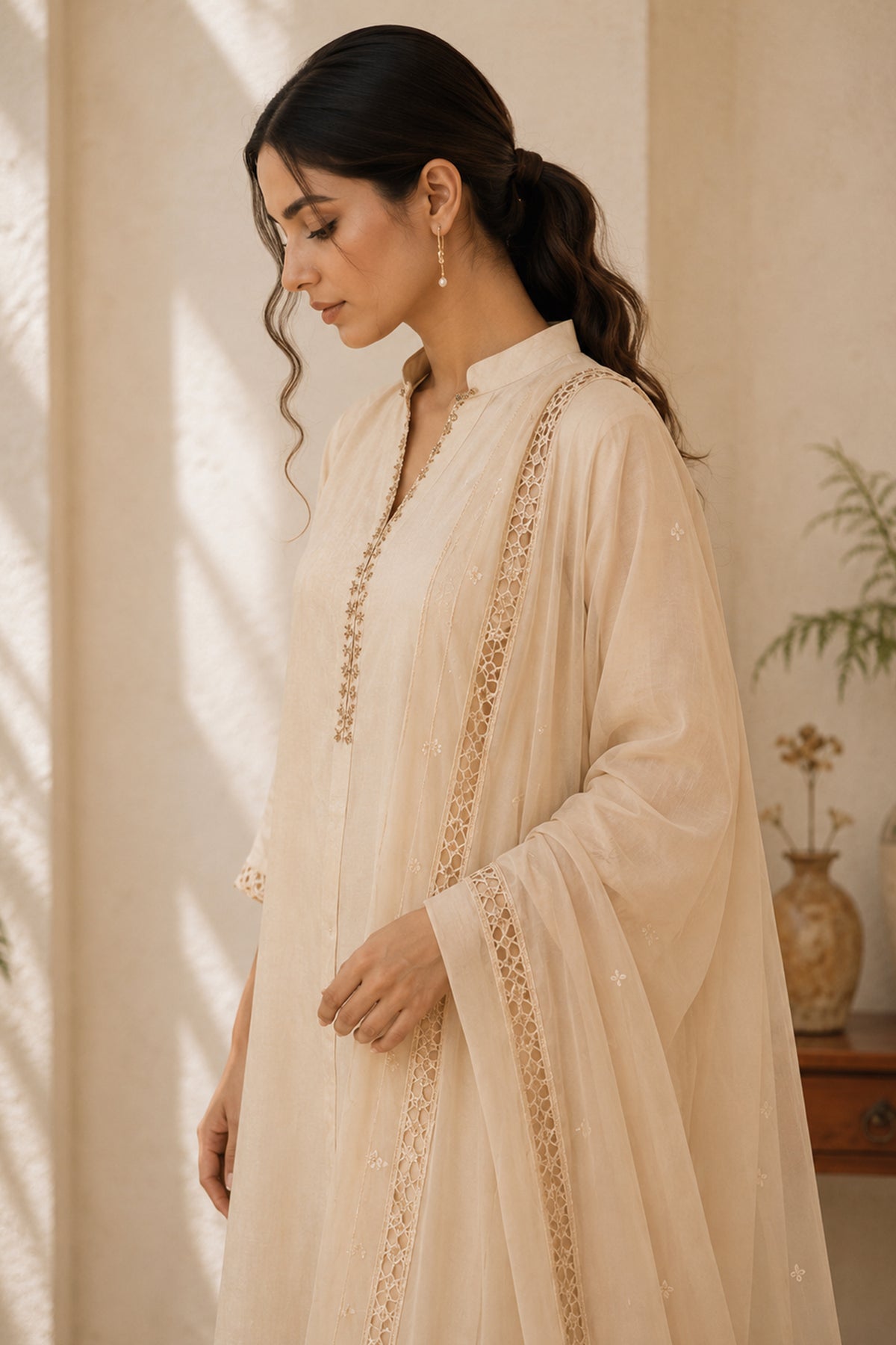 Off White Cotton Straight Cut Embroidered Suit