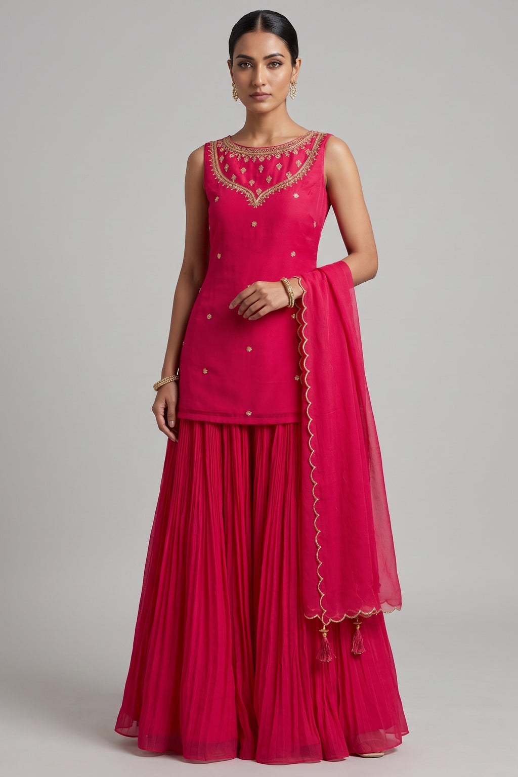 Magenta Pink Georgette Sharara Set with Embellished Yoke